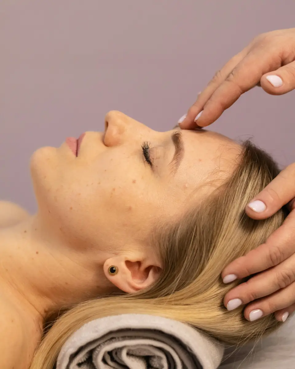 Una donna distesa a occhi chiusi; le dita dell’estetista le sfiorano la fronte e le tempie.